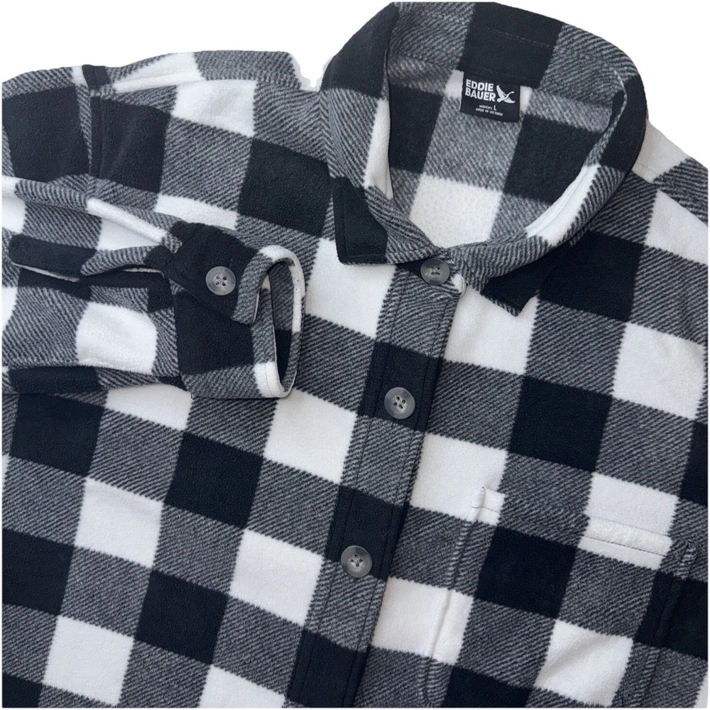 Eddie Bauer Microfleece Shirt Women Large Black‎ White Buffalo Plaid Button Up